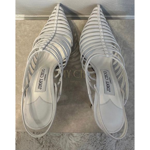 Jimmy Choo Thu 85 White Nappa Leather Sling Back Heels with Horizontal Straps - Picture 3 of 16